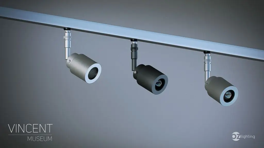 High-performance architectural LED track spotlight system "Macro Zoom" by OZ Lighting, manufactured for large-scale museum halls and dynamic, lossless exhibition lighting design.