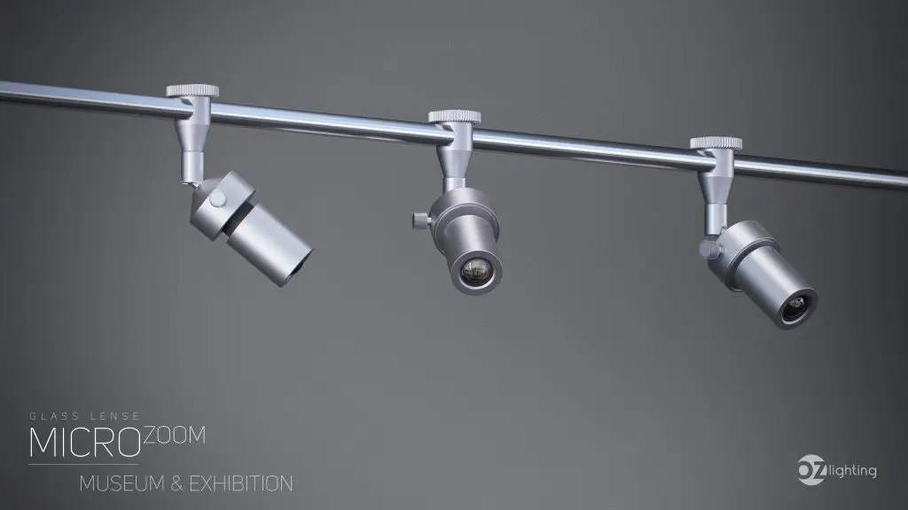 Bespoke compact LED track lighting system "Micro Zoom" from the OZ Lighting Museum Line, engineered in Austria with adjustable focus and high-CRI for precise art gallery exhibition illumination.